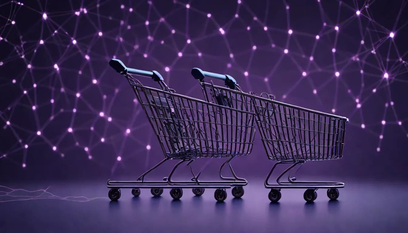 Shopping carts against a connected network background representing ecommerce and CRM integration