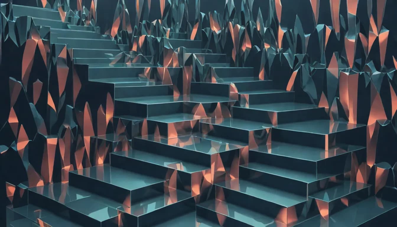 Ascending and descending glass staircase steps representing upsell and downsell funnel paths